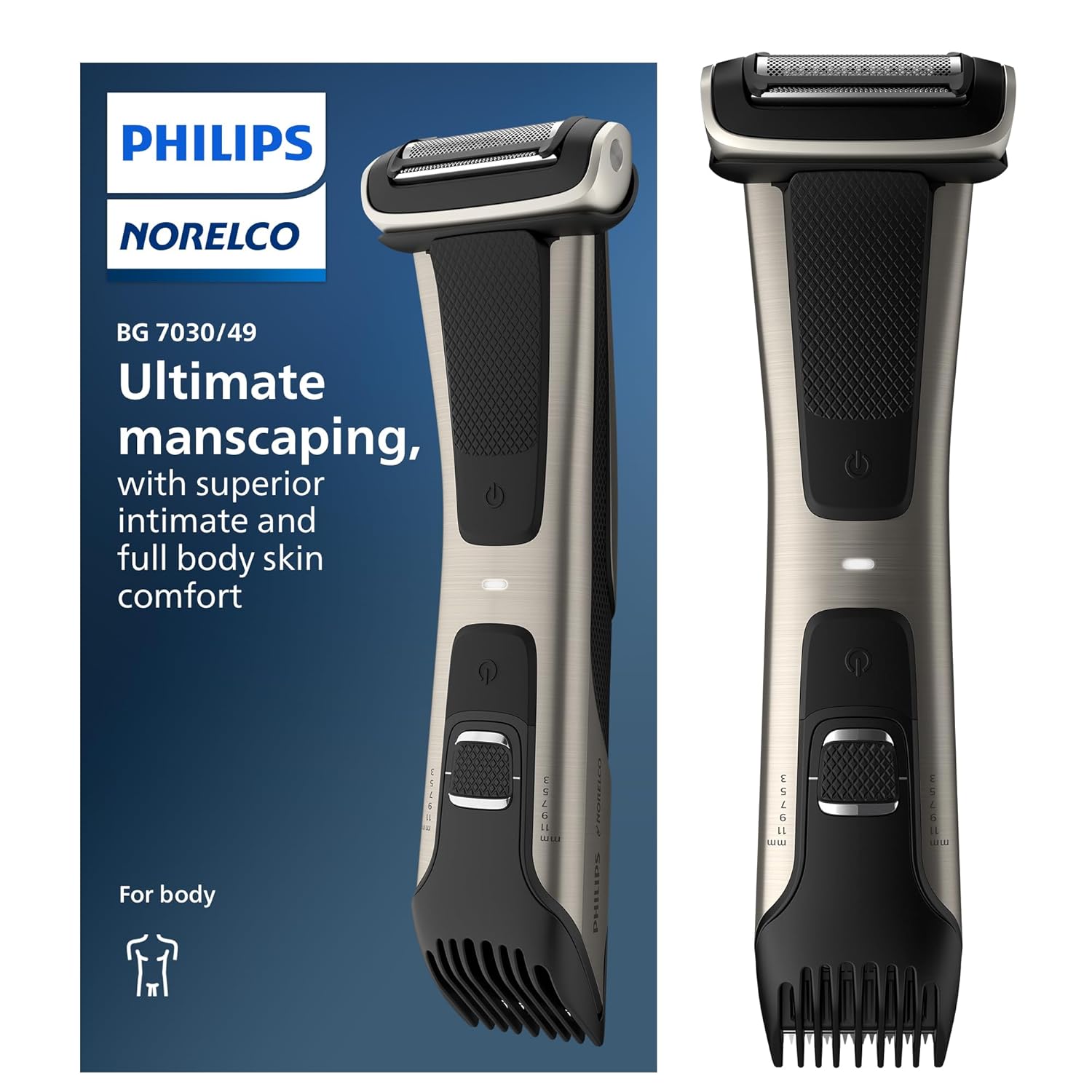 Philips Norelco Bodygroom 7000 Series, Showerproof Groin and Body Trimmer for Men, Precise Body Grooming, Adjustable Comb, Safe Even Below The Belt, 80 Min. Runtime, Model BG7030/49