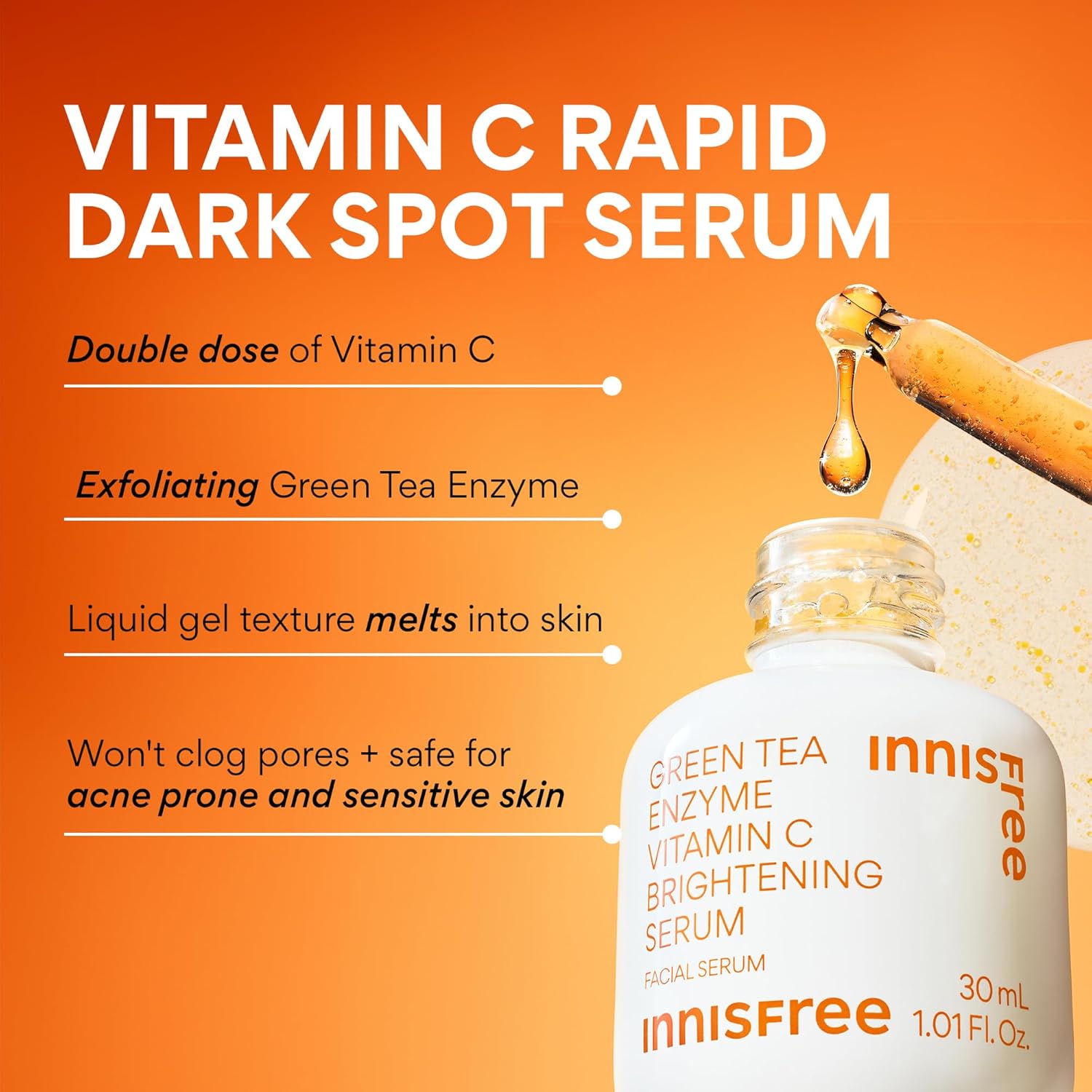 innisfree Green Tea Enzyme Vitamin C Serum for Dark Spot Fading, Korean Face Serum for Glow and Radiance