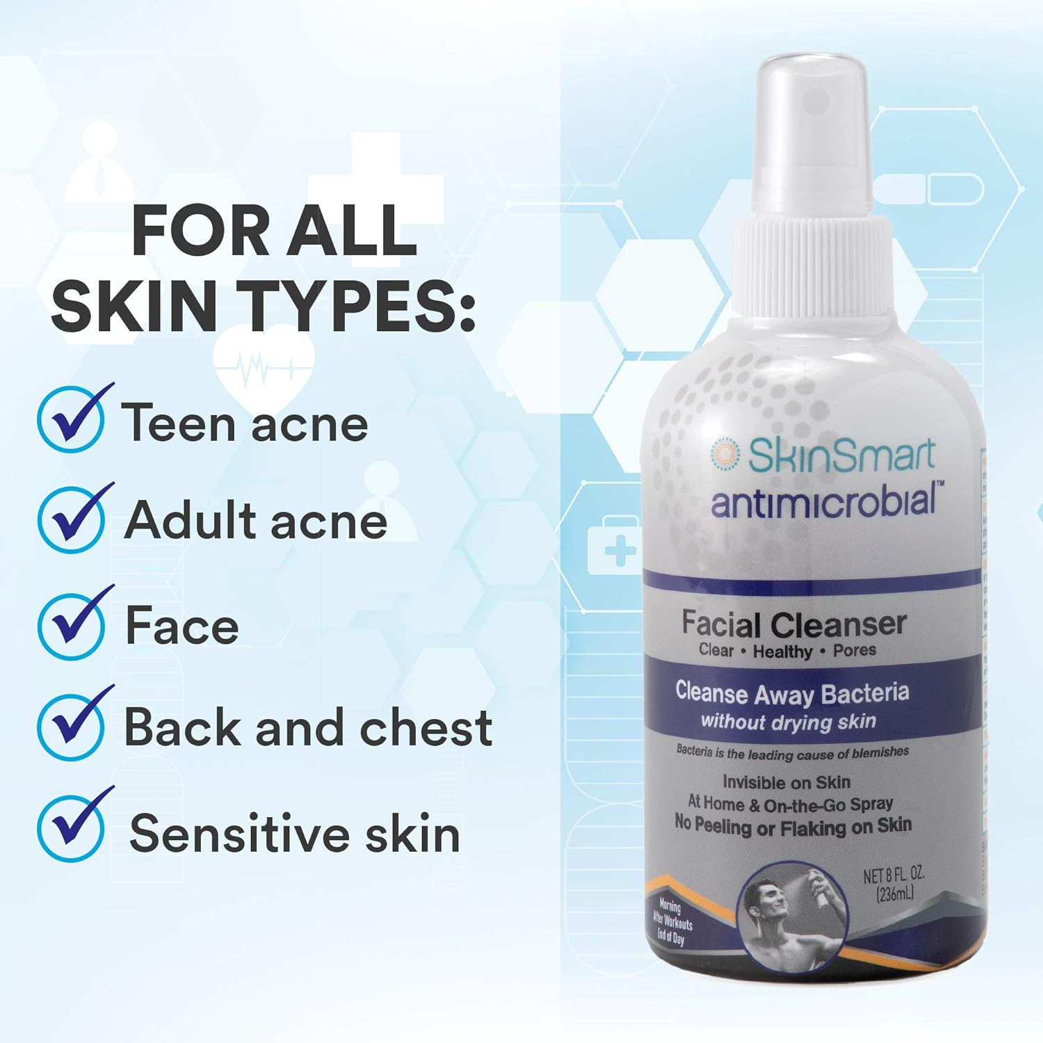 SkinSmart Antimicrobial Facial Cleanser for Breakouts, Targets Bacteria Linked to Acne with a Gentle Hypochlorous Acid Spray, Post Workout Miracle Solution for Adults and Teens, 8 Ounce Bottle