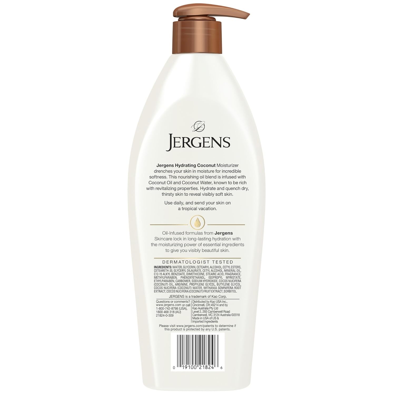 Jergens Hydrating Coconut Body Lotion, Hand and Body Moisturizer, Infused with Coconut Oil, Hydrates Dry Skin Instantly, Dermatologist Tested, 16.8 oz, Pack of 3