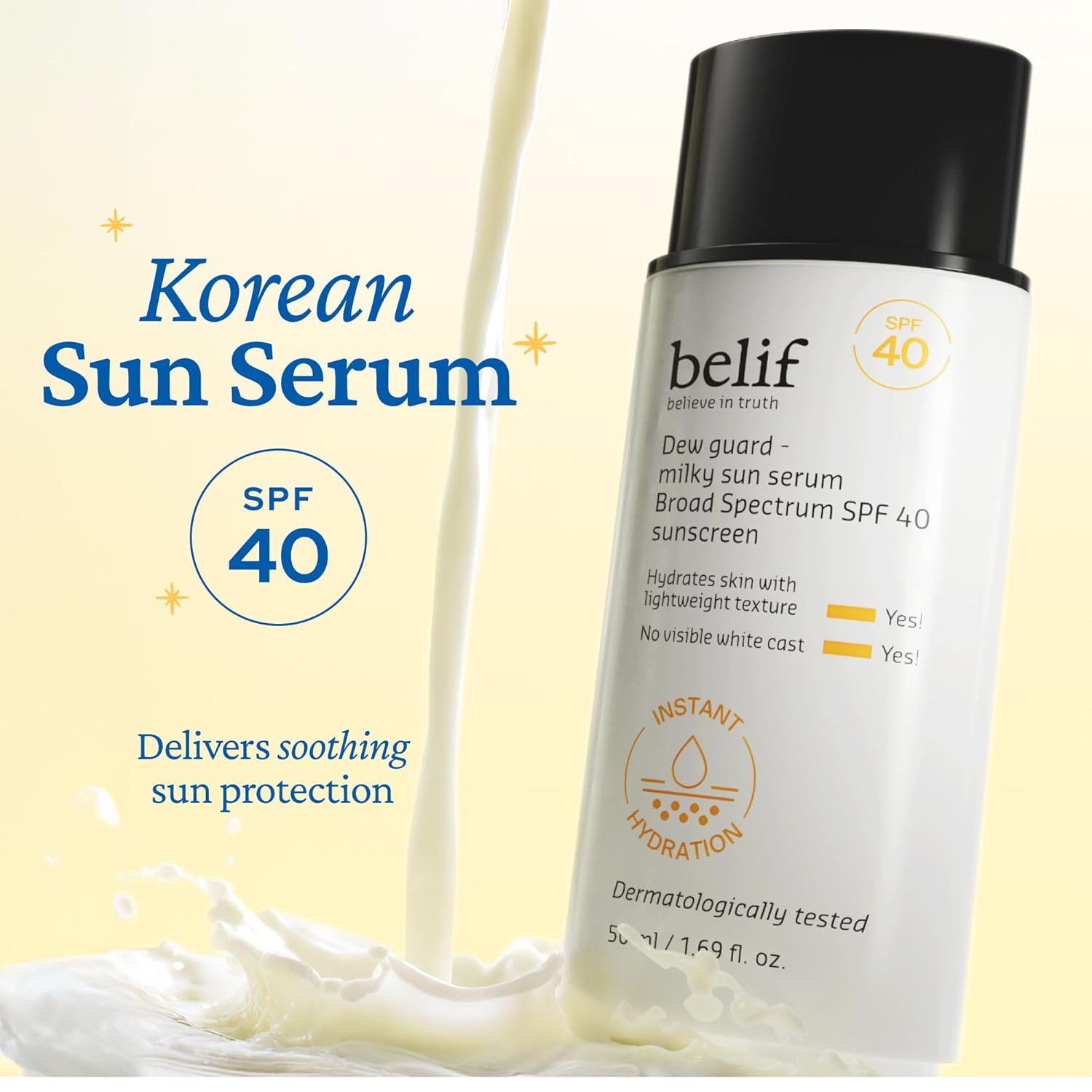 belif Milky Niacinamide Sunscreen SPF 40 – Lightweight & Invisible Sun Serum for Face with 7 Types of Hyaluronic Acid | No White Cast, Non-Comedogenic, Hydrating, Makeup-Gripping Primer (1.69 fl.oz)