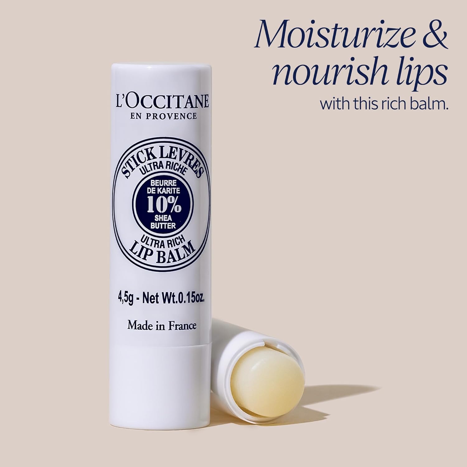 L'OCCITANE 10% Organic Shea Butter Ultra Rich Lip Balm Stick, Moisturizes, Nourishes, Repairs & Softens Dry, Chapped Lips, Long Lasting, Vegan