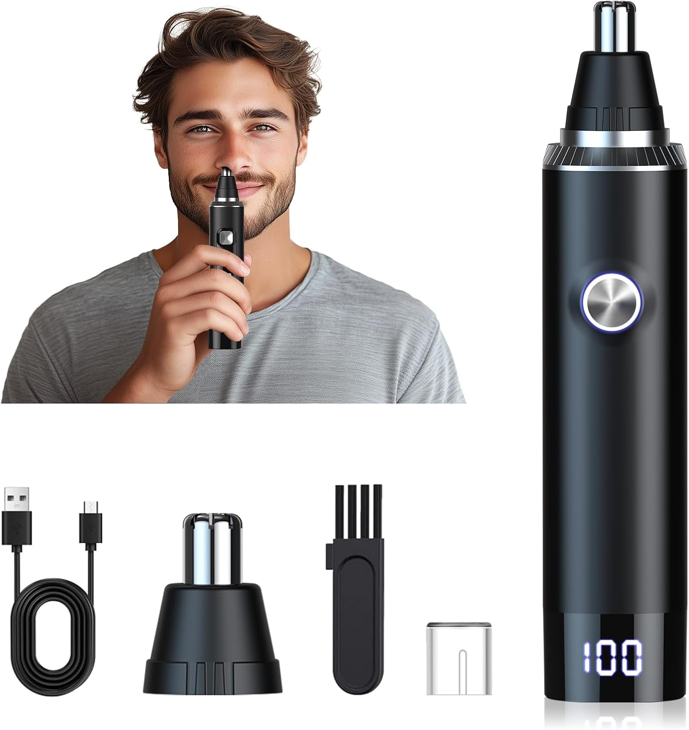 Ear & Nose Hair Trimmer with LED Display for Men Women,Painless USB Rechargeable Eyebrow & Facial & Nose Hair Trimmer Clipper,Professional IPX7 Waterproof Dual Edge Blades 13,000 RPM