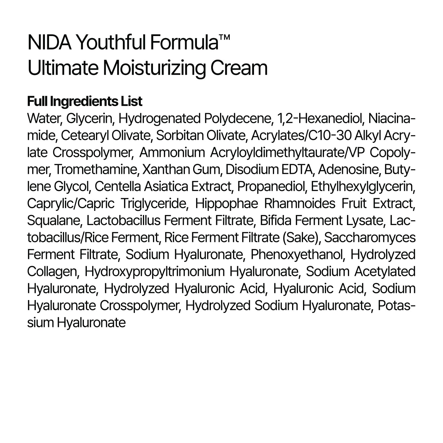 NIDA Youthful Formula™ Ultimate Moisturizing Cream | Centella Asiatica, Niacinamide, Hyaluronic Acid, Collagen | Wrinkles, Fine Lines, Dark Spots, Dry Skin, Redness | 3.38 fl. oz., 100ml