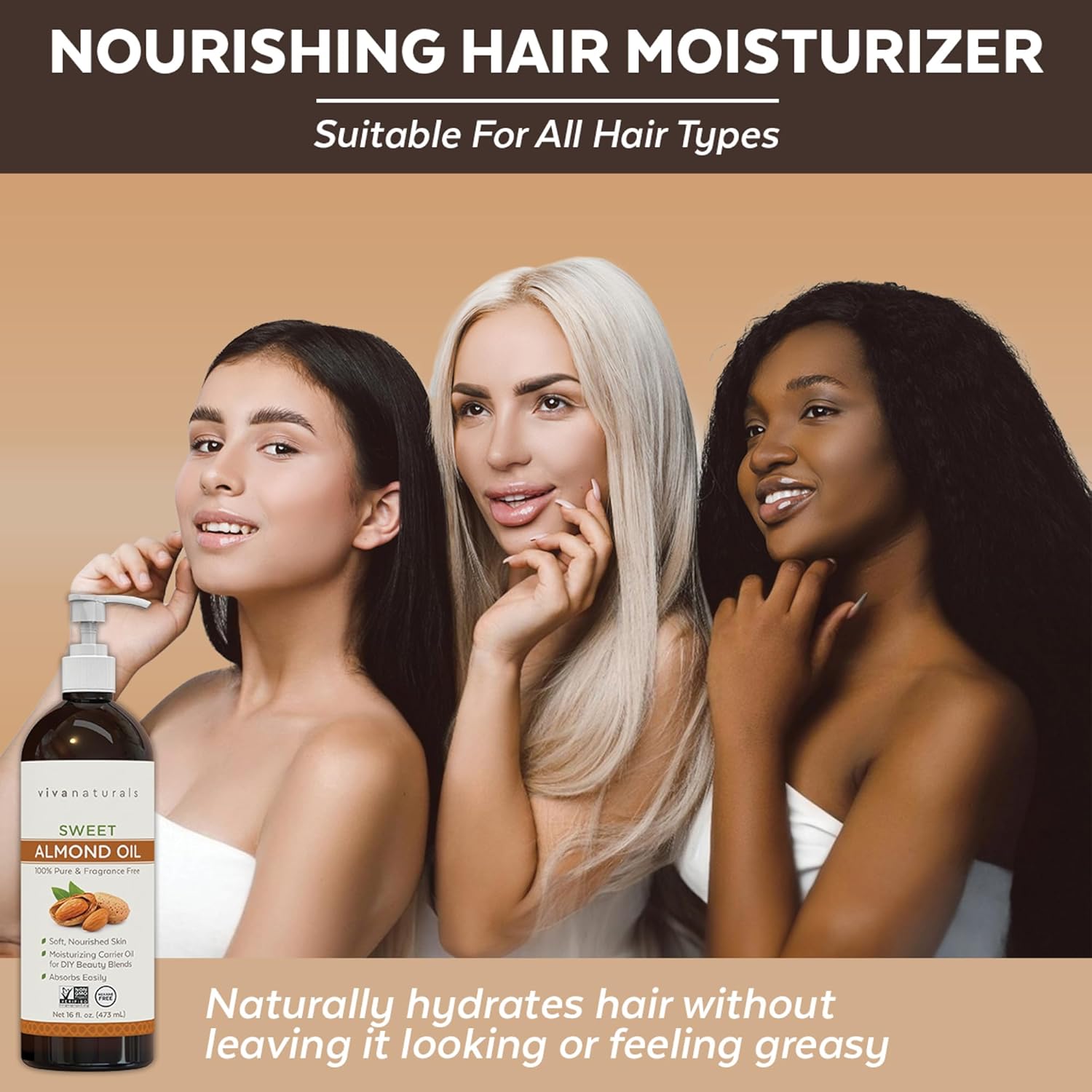 Sweet Almond Oil for Skin - Body Oil, Hair Moisturizer and Relaxing Massage and Oil, Carrier Oil for Essential Oils Mixing, Non-Greasy Pure Sweet Almond Oil for Hair and Skin, 16 fl oz