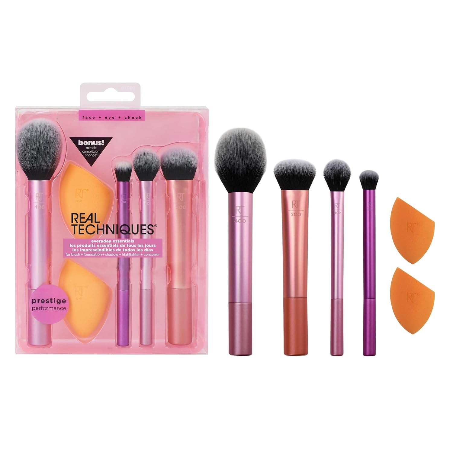 Real Techniques 5 Piece Everyday Essentials Makeup Brush Set, Includes 4 Brushes & Makeup Sponge, For Foundation, Blush, Bronzer, Contour, Eyeshadow, & Powder, Travel Gift Set, Cruelty-Free & Vegan