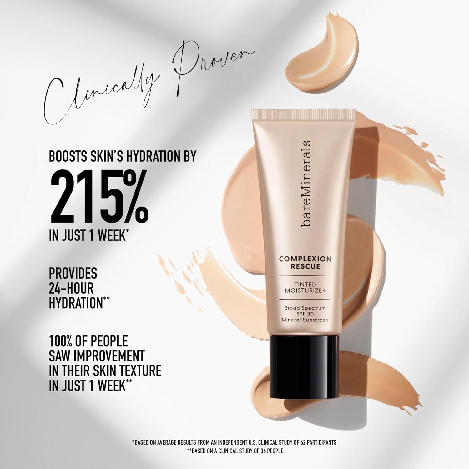 bareMinerals Complexion Rescue Tinted Moisturizer for Face with SPF 30, Vegan Tinted Mineral Sunscreen with Hyaluronic Acid, Full Size, Cashew 3.5