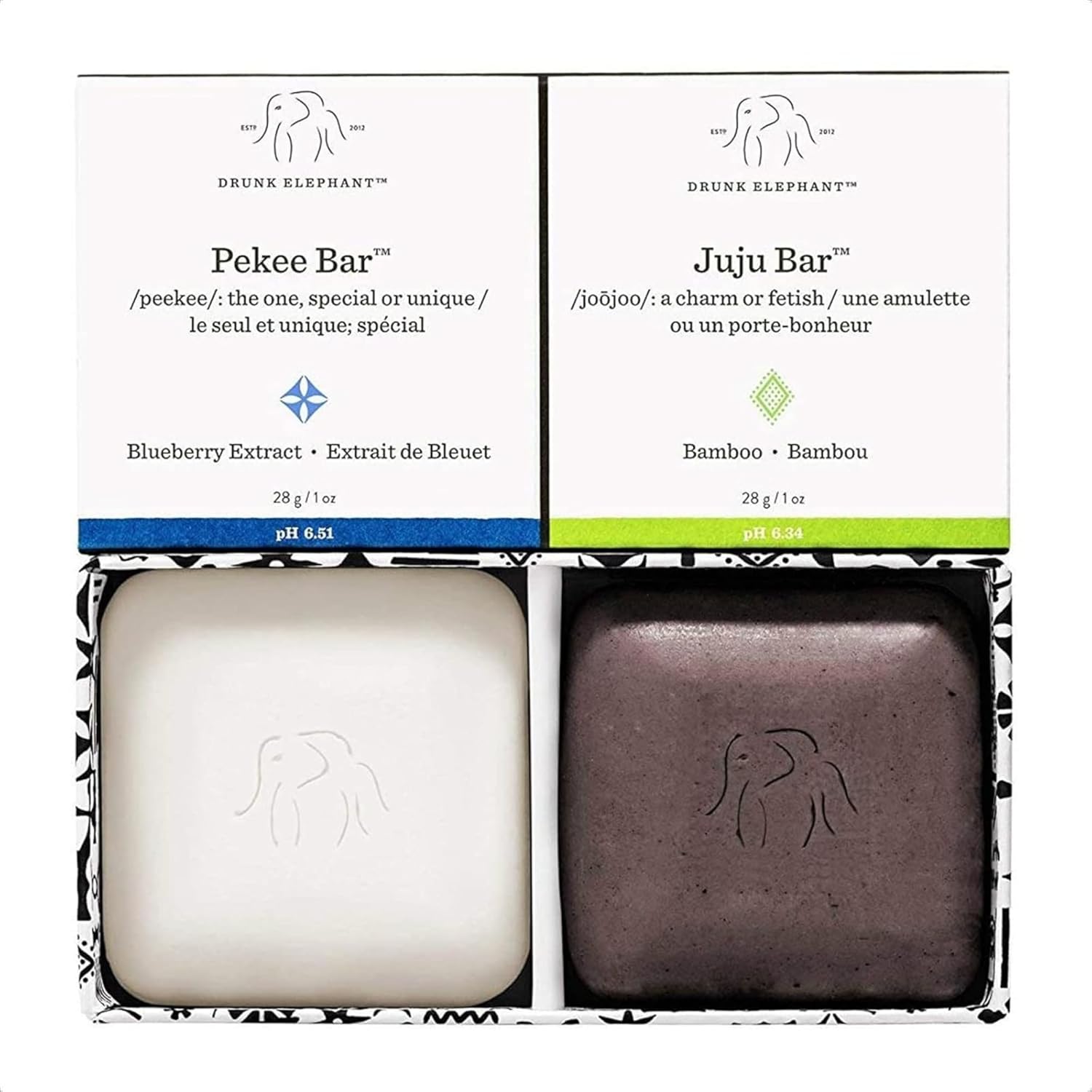 Drunk Elephant Baby Juju and Baby Pekee Bar Soap Travel Case. Exfoliating Face Wash and Moisturizing Bar Cleansers. (1 ounce each)