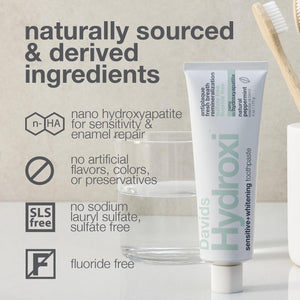 Davids Hydroxi Fluoride Free Nano Hydroxyapatite Toothpaste for Remineralizing Enamel & Sensitive Relief, Whitening, Antiplaque, SLS Free, Natural Peppermint, 4 oz, Made in USA