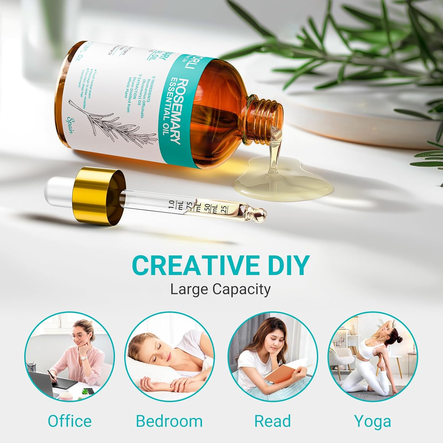 Rosemary Oil 3.38 fl oz Rosemary Essential Oil 100% Pure Undiluted for Hair, Scalp, Skin, Diffusers, Aromatherapy, Massage, Soap and Candle Making