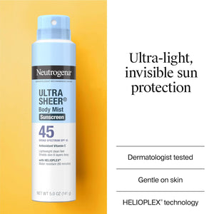 Neutrogena Ultra Sheer Body Mist Sunscreen Spray, Broad Spectrum SPF 45, Lightweight Spray Sunscreen, Non-Greasy & Water Resistant, Oil-Free & Non-Comedogenic UVA/UVB, 5 oz Pack of 3