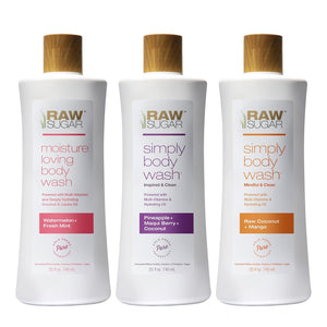 RAW SUGAR Moisture Loving Body Wash - Watermelon + Fresh Mint, Moisturizing & Refreshing Bath & Shower Gel, Sulfate-Free, Paraben-Free & Vegan (Pack of 3)