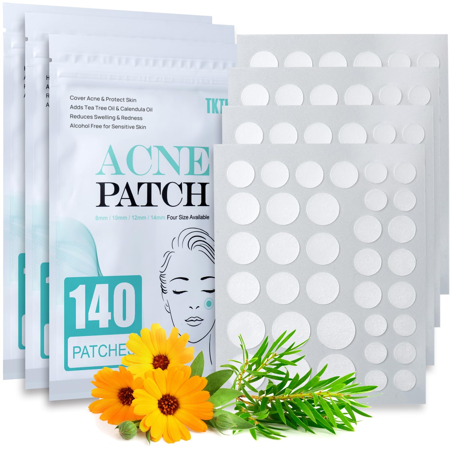 Pimple Patch Acne Patch, 4 Sizes 140 Patches Acne Absorbing Cover Patch, Hydrocolloid Invisible Acne Patches for Face Zit Patch Acne Dots Tea Tree, Calendula Oil