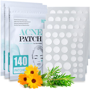 Pimple Patch Acne Patch, 4 Sizes 140 Patches Acne Absorbing Cover Patch, Hydrocolloid Invisible Acne Patches for Face Zit Patch Acne Dots Tea Tree, Calendula Oil