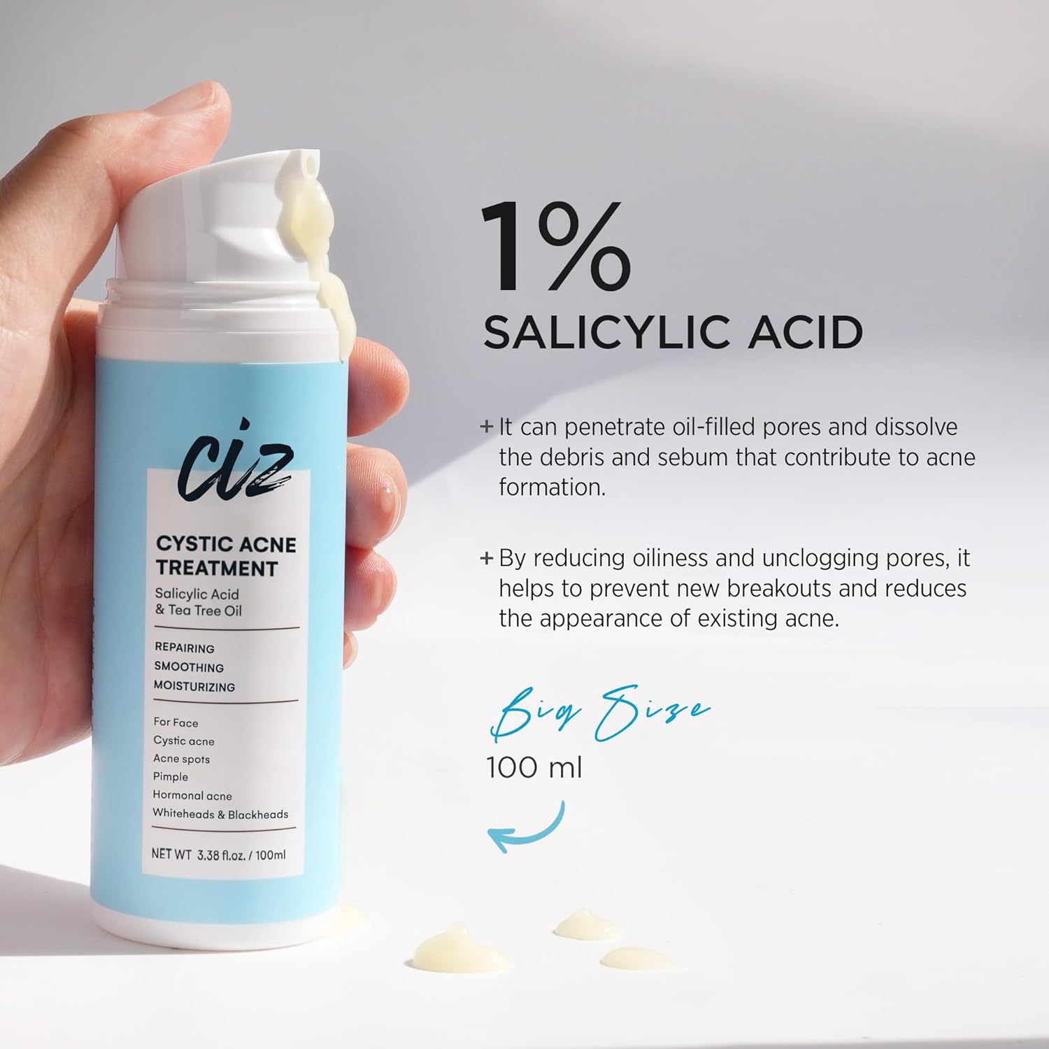 Acne Treatment for Face: Cystic Acne Spot Control Cream with Salicylic Acid & Tea Tree Oil for Blemishes - Gentle Hormonal & Pimple Treatment for Teens & Adults - 120 Day Supply & 3.38oz