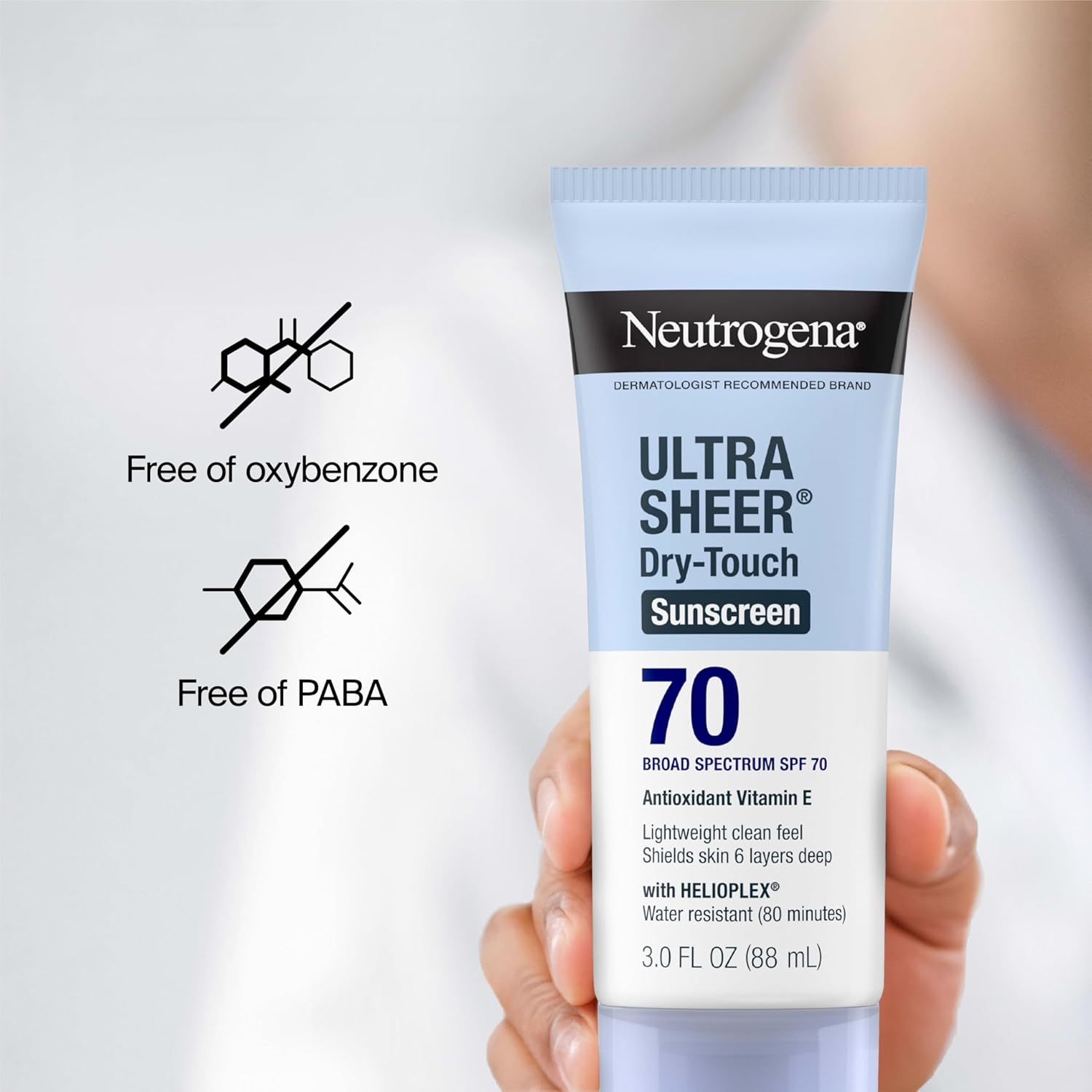 Neutrogena Ultra Sheer Dry-Touch Sunscreen Lotion SPF 70, Broad Spectrum, Water Resistant 80 Min, Oil-Free, Oxybenzone-Free, Non-Comedogenic, Matte Finish, Body Sunscreen, Travel Size 3 Fl Oz