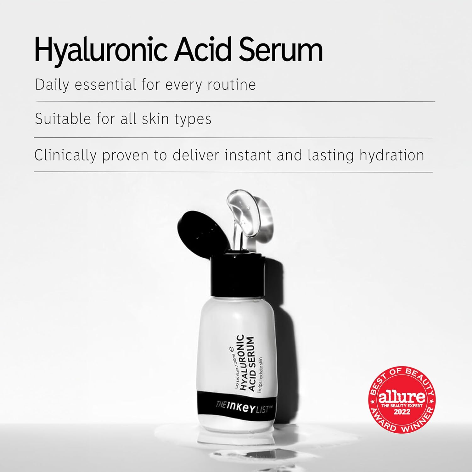 The INKEY List Hyaluronic Acid Serum, Hydrate Multiple Layers of Dry Skin, Plump and Smooth Fine Lines and Wrinkles, 1.0 fl oz