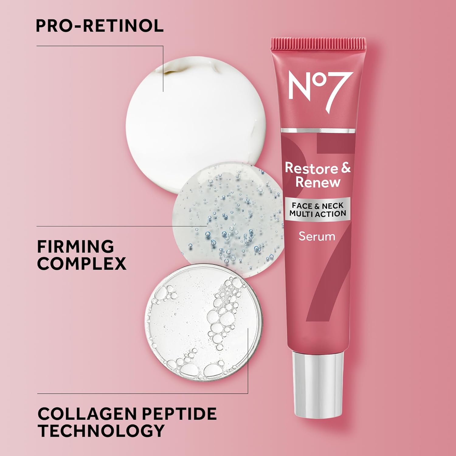 No7 Restore & Renew Multi-Action Face & Neck Serum - Anti Aging Face Serum for Women with Deep Wrinkle Repair - Collagen Infused with Hydrating Hibiscus Peptides & Hyaluronic Acid (0.5 Fl Oz)