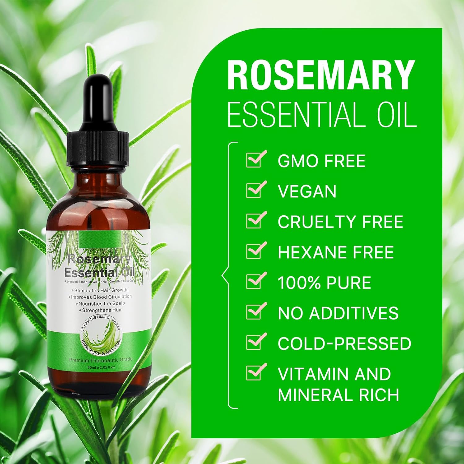 Pure Organic Rosemary Essential Oils, Hair Growth Scalp Oil for Dry Damaged Hair(2.02 Fl Oz)