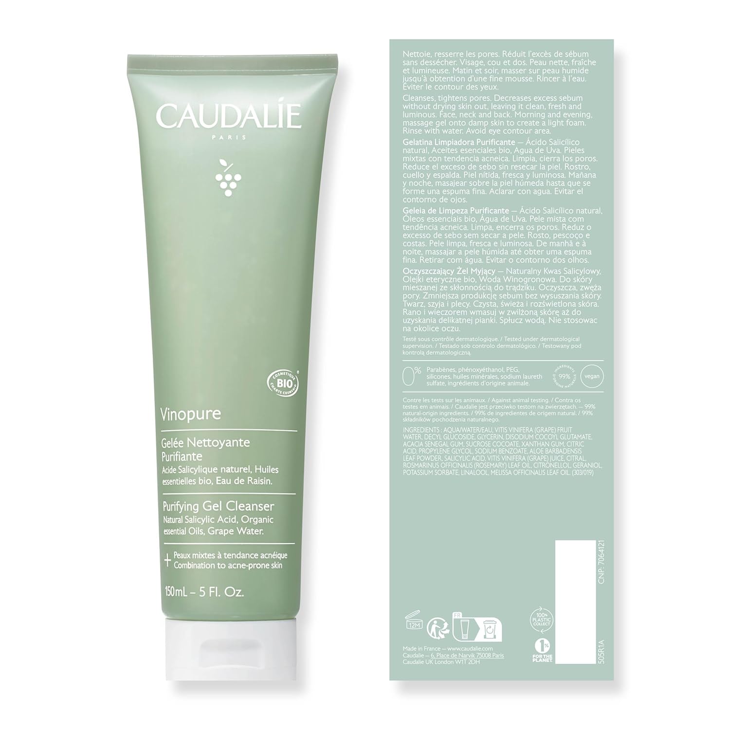 Caudalie Vinopure Salicylic Acid Cleanser, Pore Purifying Gel Cleanser - 150 mL