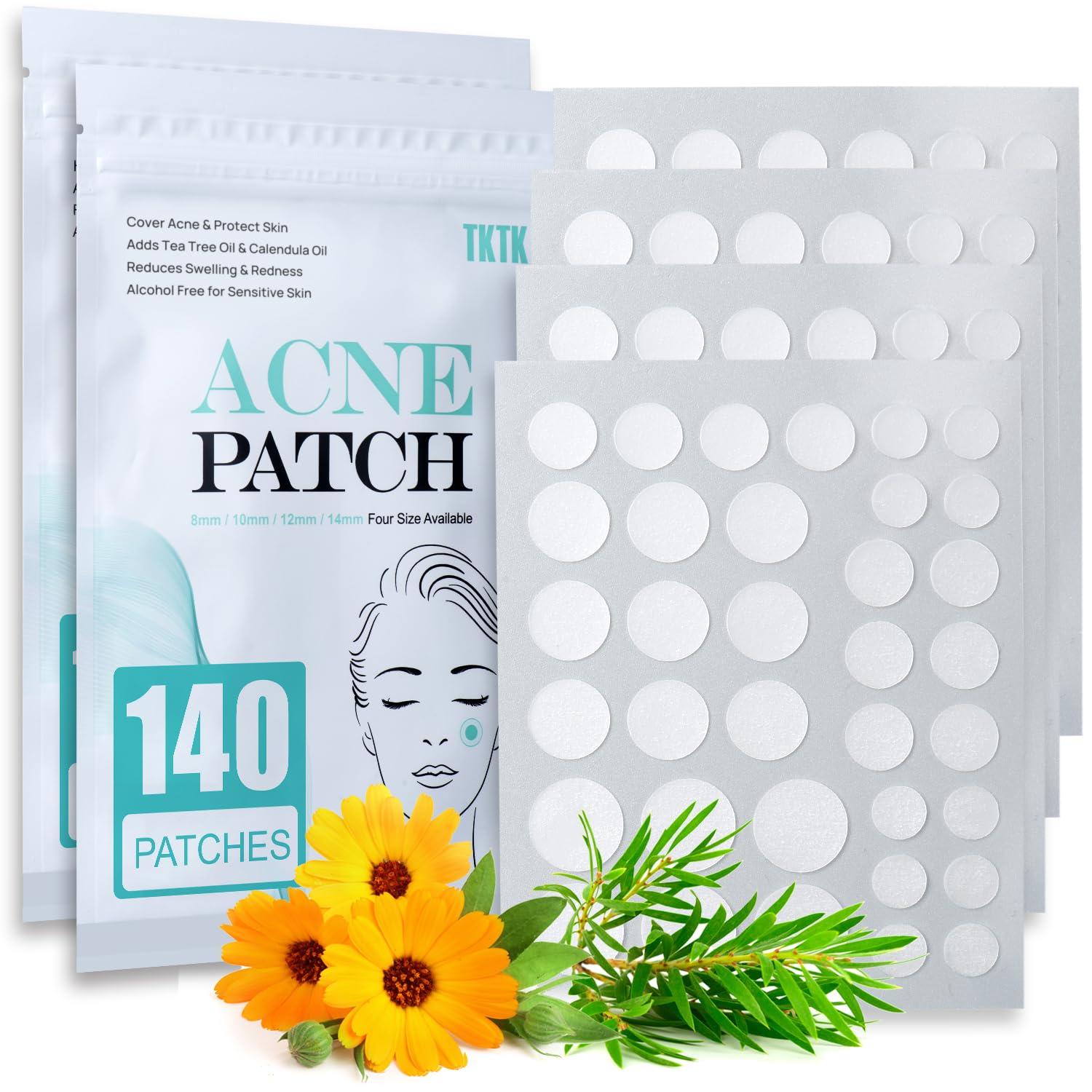 Pimple Patch Acne Patch, 4 Sizes 140 Patches Acne Absorbing Cover Patch, Hydrocolloid Invisible Acne Patches for Face Zit Patch Acne Dots Tea Tree, Calendula Oil