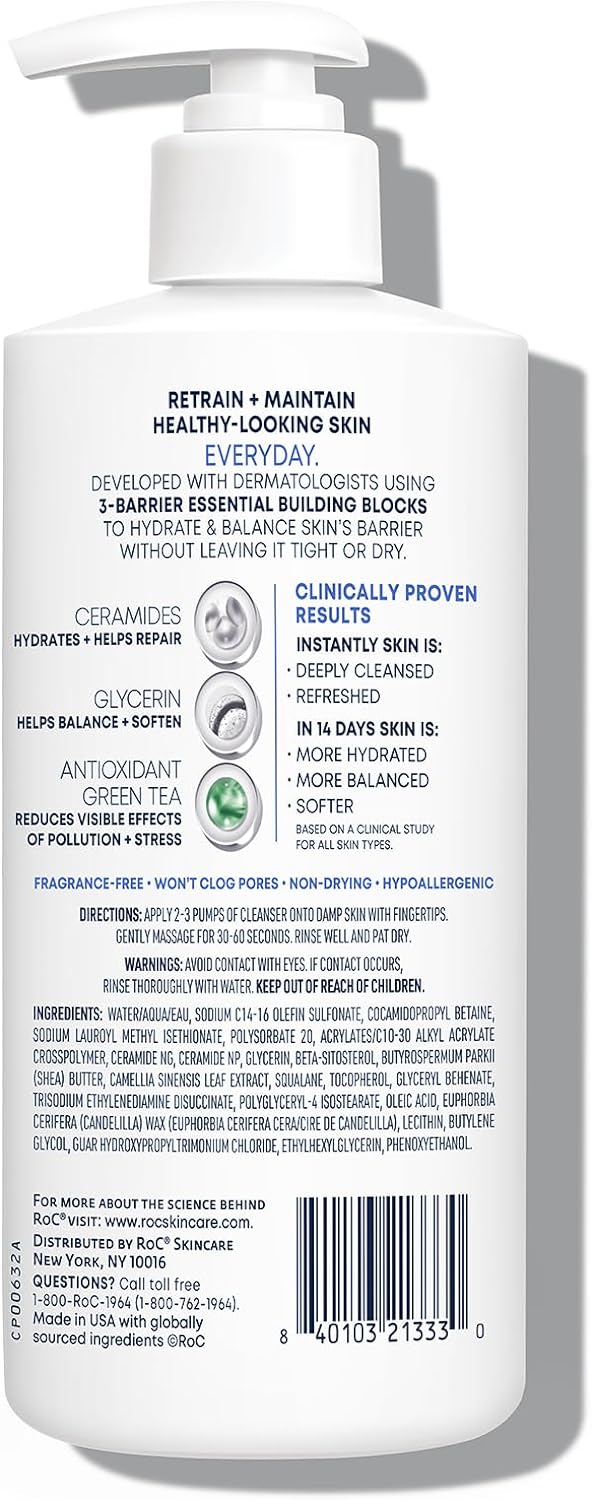 RoC Barrier Renew Gel to Foam Non Drying Facial Cleanser to Hydrate Skin, 12 Ounces