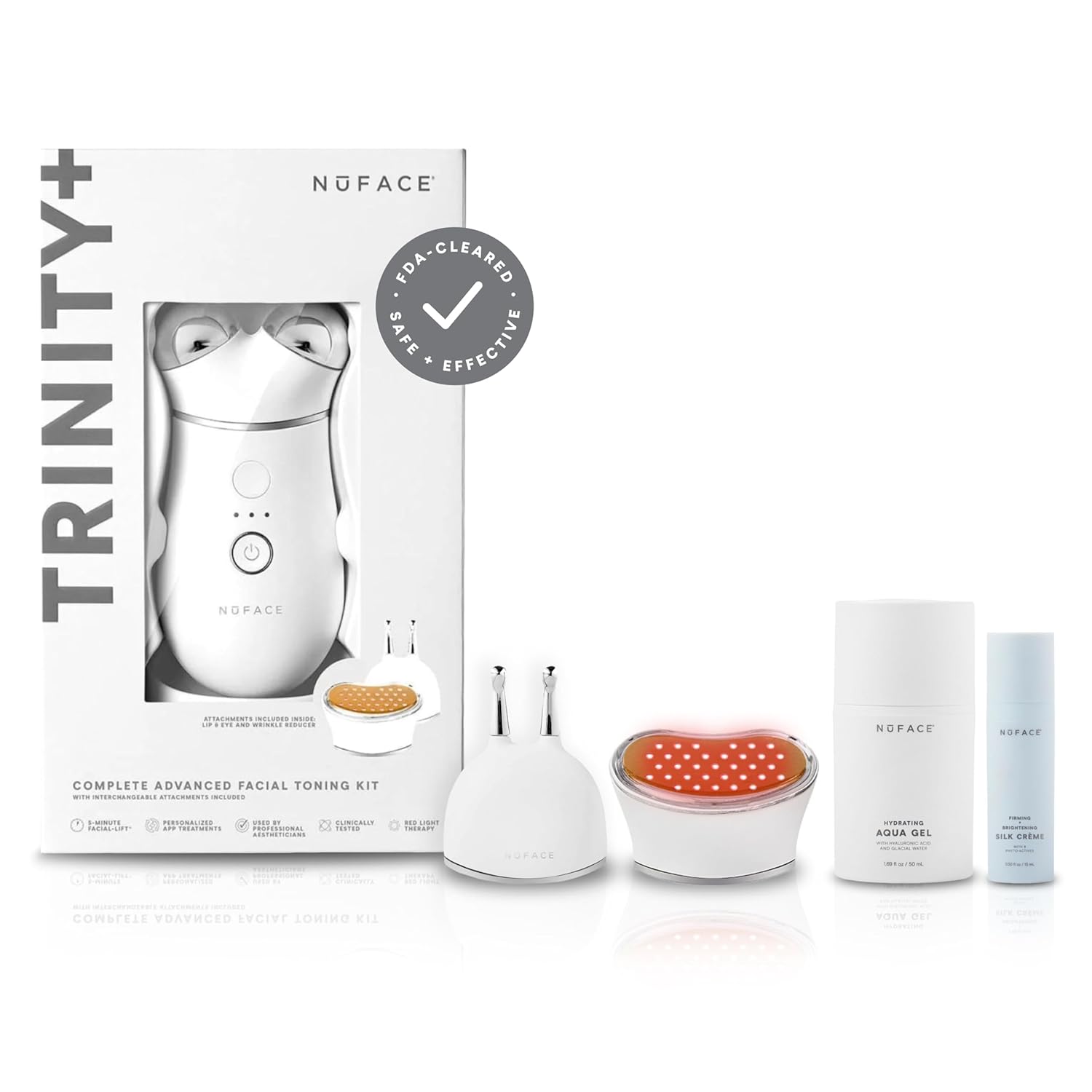 NuFACE TRINITY+ Microcurrent Facial Device + LED Red Light Wrinkle Reducer Attachment - FDA Cleared Skin Tightening Device + Microcurrent Gel Activator & Silk Creme
