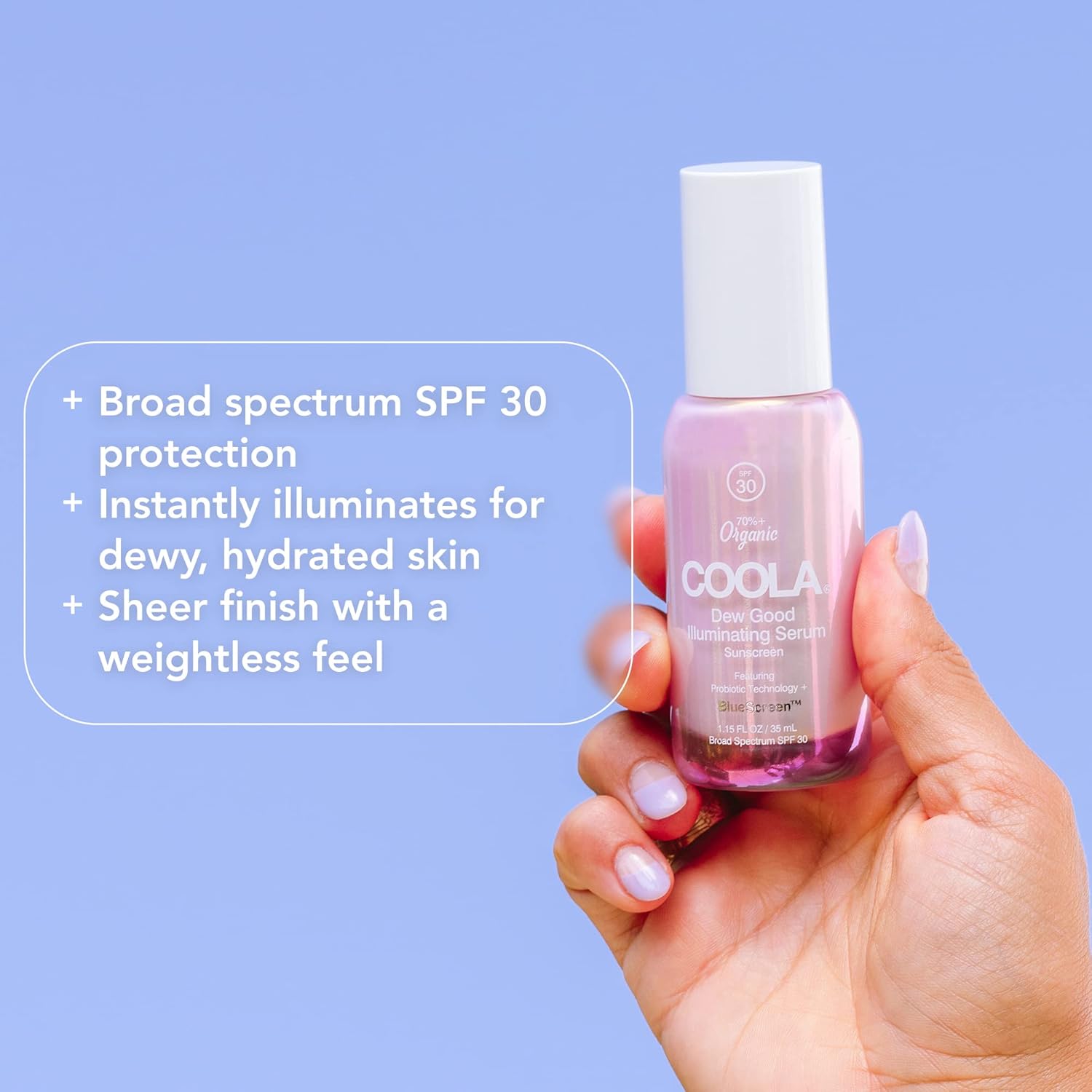 COOLA Organic Dew Good Illuminating Probiotic Serum with SPF 30, Dermatologist Tested Sunscreen with Plant-Derived BlueScreen Digital De-Stress Technology, 1.15 Fl Oz