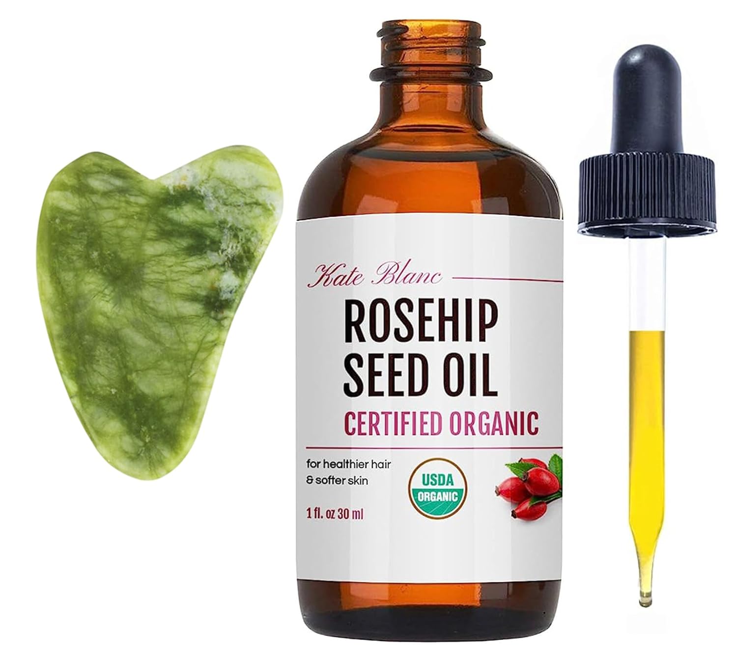 Kate Blanc Cosmetics Rosehip Oil for Face & Skin (1oz, Organic, Pure, Cold Pressed) Rosehip Seed Face Oil for Facial & Gua Sha Massage