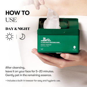 VT COSMETICS CICA Daily Soothing Mask 30 Sheets, Centella Asiatica & Hyaluronic Acid for Moisturizing & Hydrating, Instant Calm & Glow, Skin Softening Facial Mask, Korean Face Mask