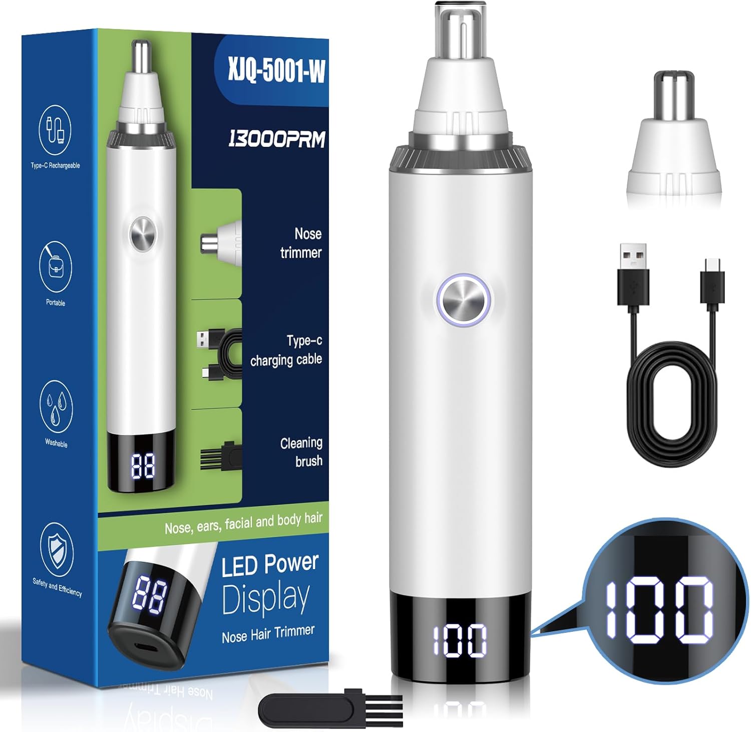 Ear & Nose Hair Trimmer with LED Display for Men Women,Painless USB Rechargeable Eyebrow & Facial & Nose Hair Trimmer Clipper,Professional IPX7 Waterproof Dual Edge Blades 13,000 RPM