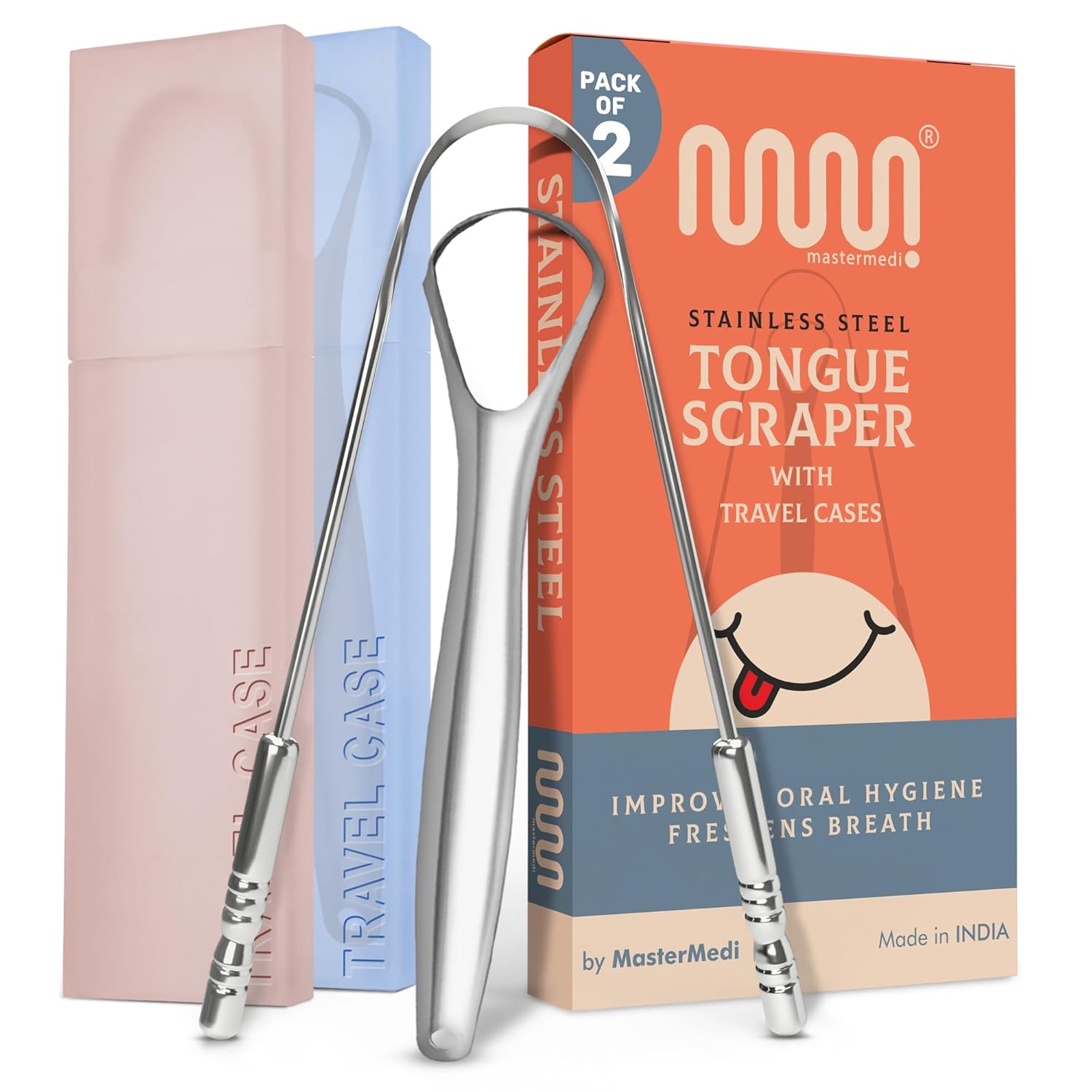 MasterMedi Tongue Scraper with Case Easy to Use Tongue Scraper for Adults, Tongue Cleaner for Oral Care & Hygiene (Single Pack (with Travel Case))
