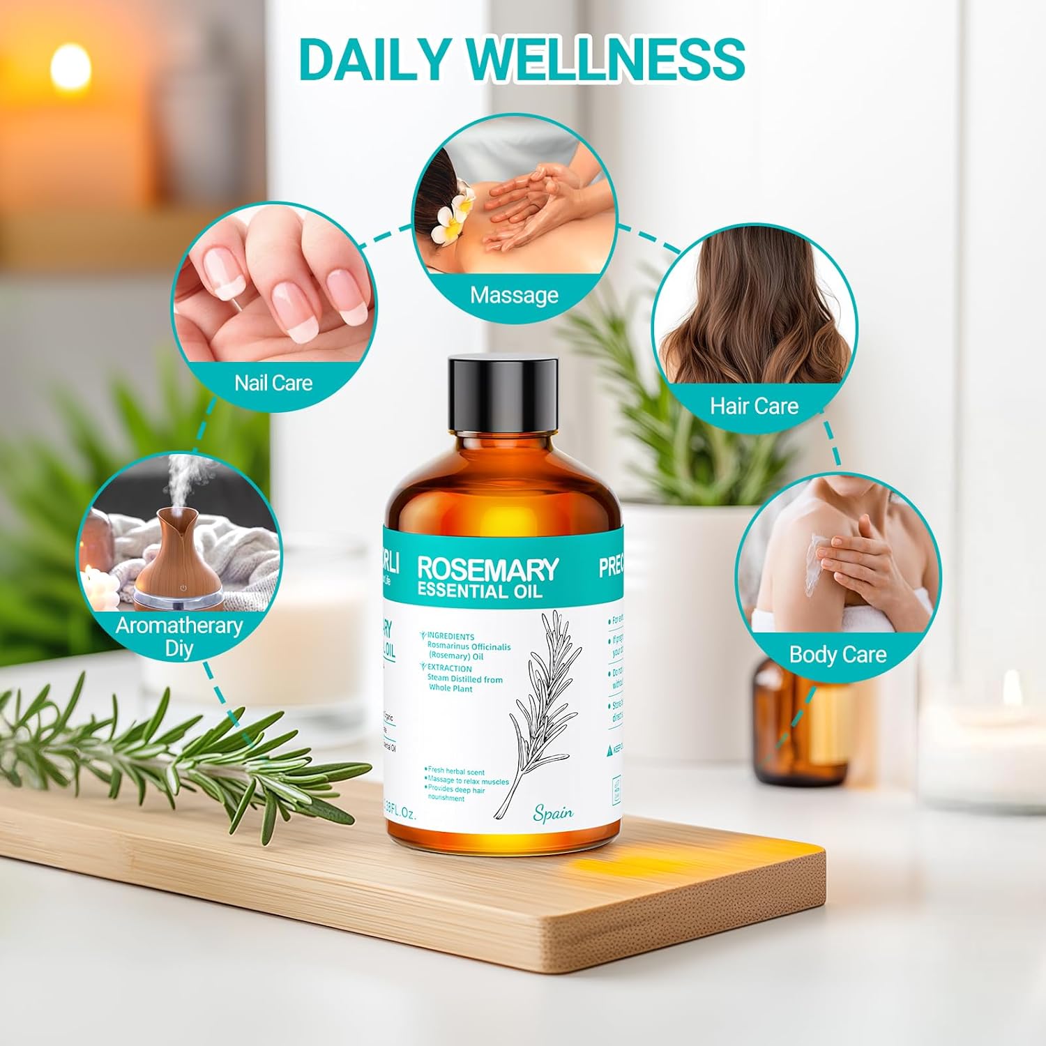 Rosemary Oil 3.38 fl oz Rosemary Essential Oil 100% Pure Undiluted for Hair, Scalp, Skin, Diffusers, Aromatherapy, Massage, Soap and Candle Making