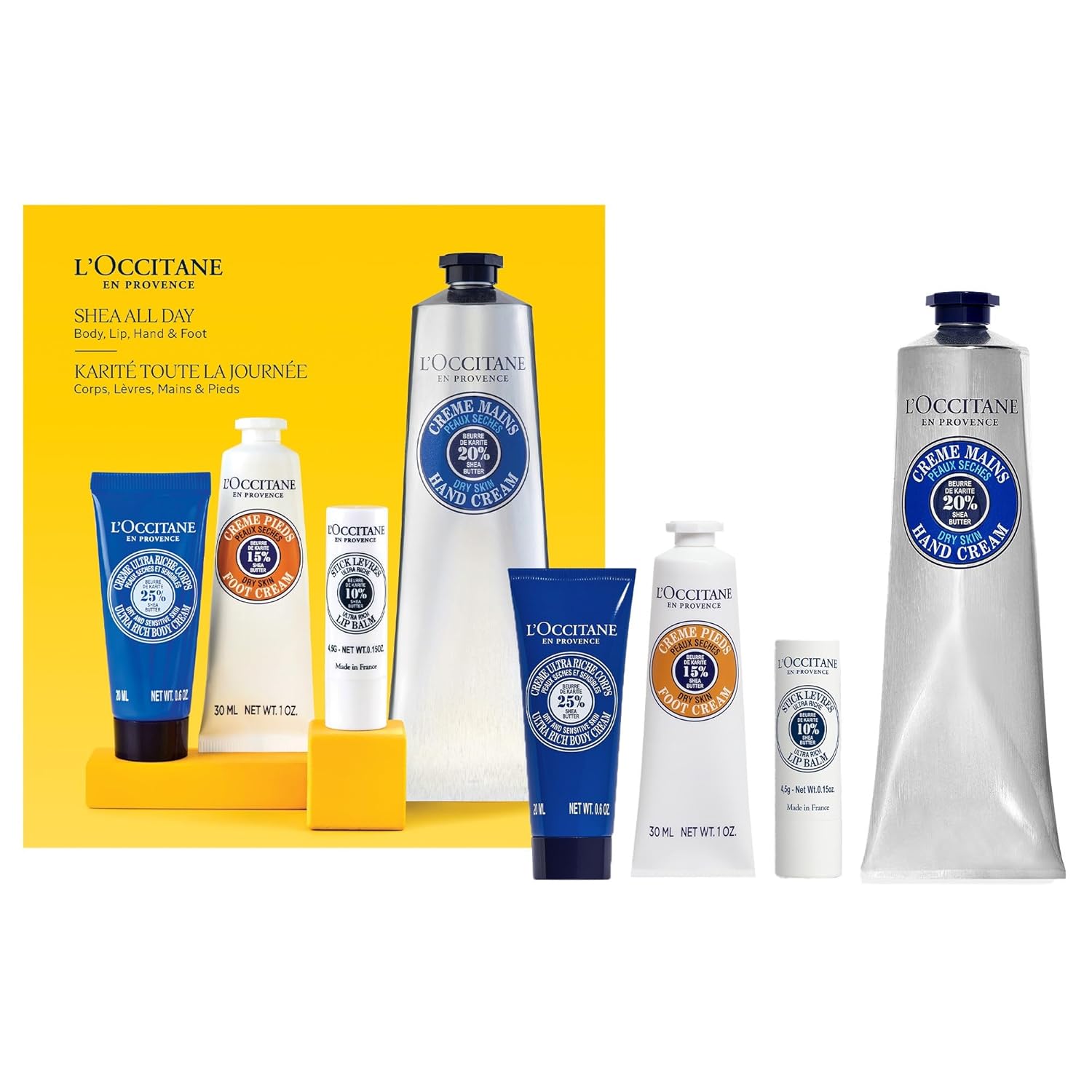 L'OCCITANE Shea All Day: Moisturize, Nourish and Comfort Skin with Shea Butter, Includes Hand Cream, Foot Cream, Lip Balm and Ultra Rich Body Cream, Gift Set