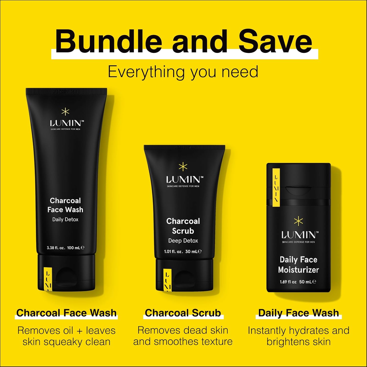 Lumin - Smooth Operator Detox - Men's skincare kit, Includes: Charcoal Face Wash Daily Detox, Charcoal Scrub Deep Detox & Daily Face Moisturizer, Suitable for all skin types, Two Month Supply