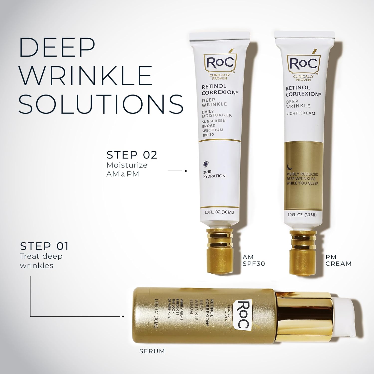 RoC Retinol Correxion Deep Wrinkle Retinol Face Serum with Ascorbic Acid, Daily Anti-Aging Skin Care Treatment for Fine Lines, Dark Spots, Acne Scars, 1 Ounce (Packaging May Vary)