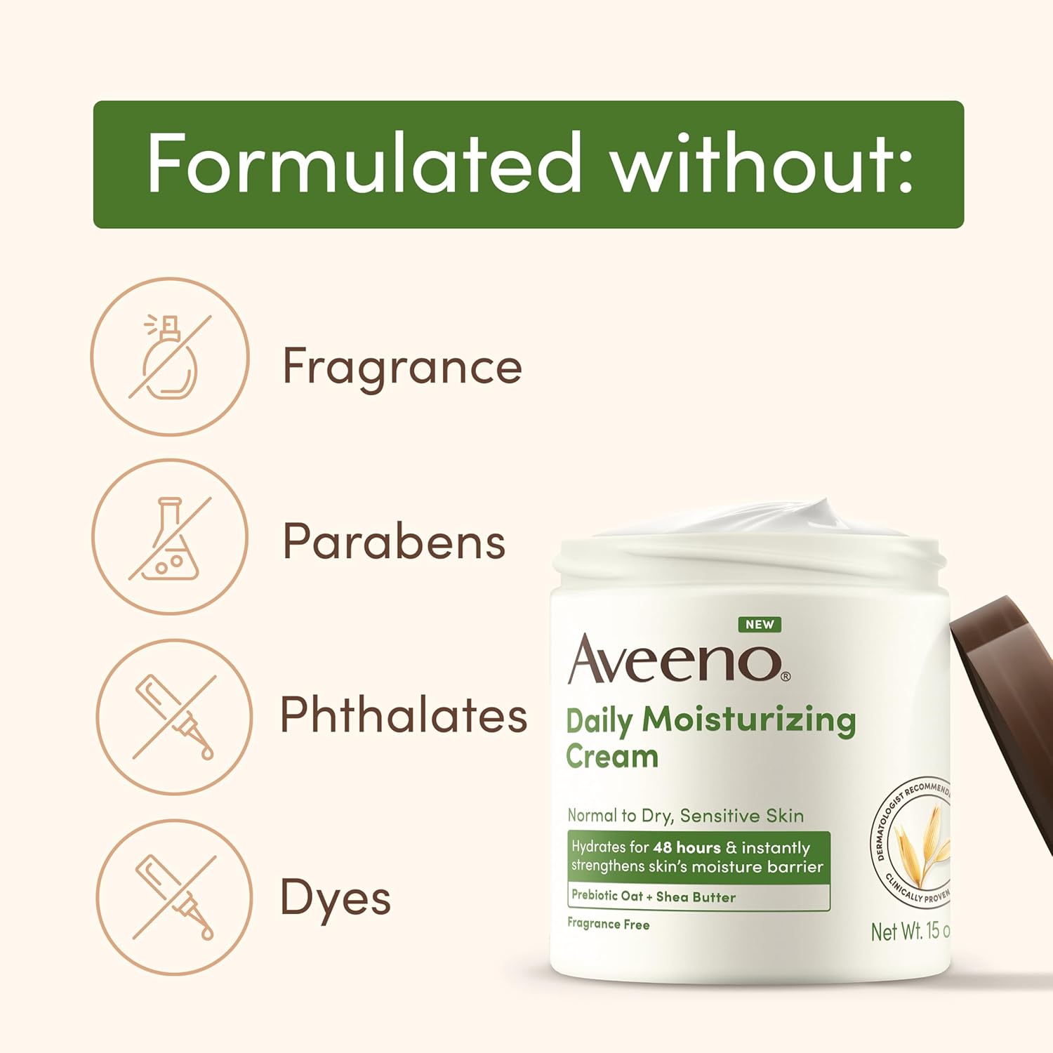Aveeno Daily Moisturizing Cream with Prebiotic Oat & Shea Butter, Body, Face & Hand Cream for Normal to Dry, Sensitive Skin Hydrates for 48 Hours, Fragrance Free & Non-Comedogenic, 20 Oz