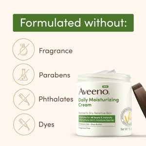 Aveeno Daily Moisturizing Cream with Prebiotic Oat & Shea Butter, Body, Face & Hand Cream for Normal to Dry, Sensitive Skin Hydrates for 48 Hours, Fragrance Free & Non-Comedogenic, 20 Oz