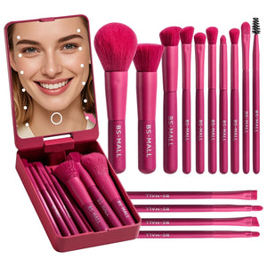 BS-MALL Makeup Brushes Foundation Powder Concealers Eye Shadows Makeup Set with LED light Mirror 14 Pcs Mini Makeup Brushes (APINK)