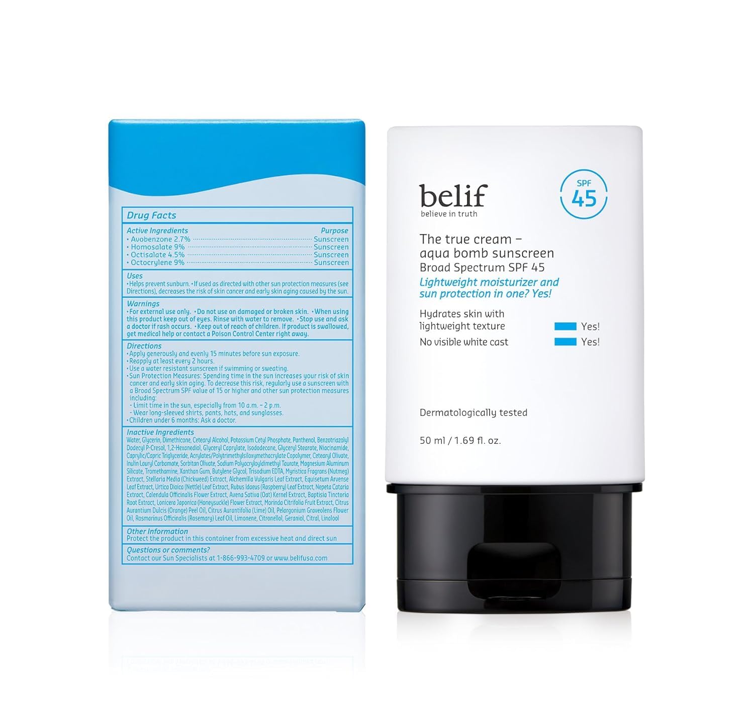 belif Aqua Bomb SPF 45 – Hydrating Niacinamide Sunscreen (1.69 fl. oz) | Lightweight Daily Broad Spectrum PA++++, No White Cast