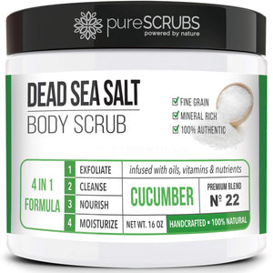 pureSCRUBS Premium Coconut Body Scrub Set - Large 16oz Dead Sea Salt Body Scrub With Infused Essential Oils & Nutrients, Includes Wooden Spoon, Loofah & Oatmeal Exfoliating Bar Soap