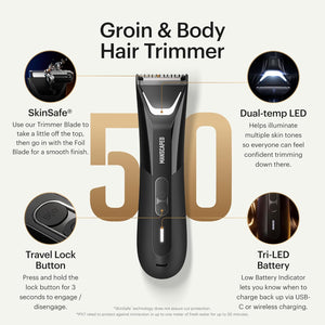 MANSCAPED® The Lawn Mower® 5.0 Ultra Groin & Body Hair Trimmer – Dual-Head SkinSafe® Trimmer & Foil Blades, Waterproof Wet/Dry Groomer, USB-C Rechargeable with Travel Case, Men’s Ball Shaver, Black