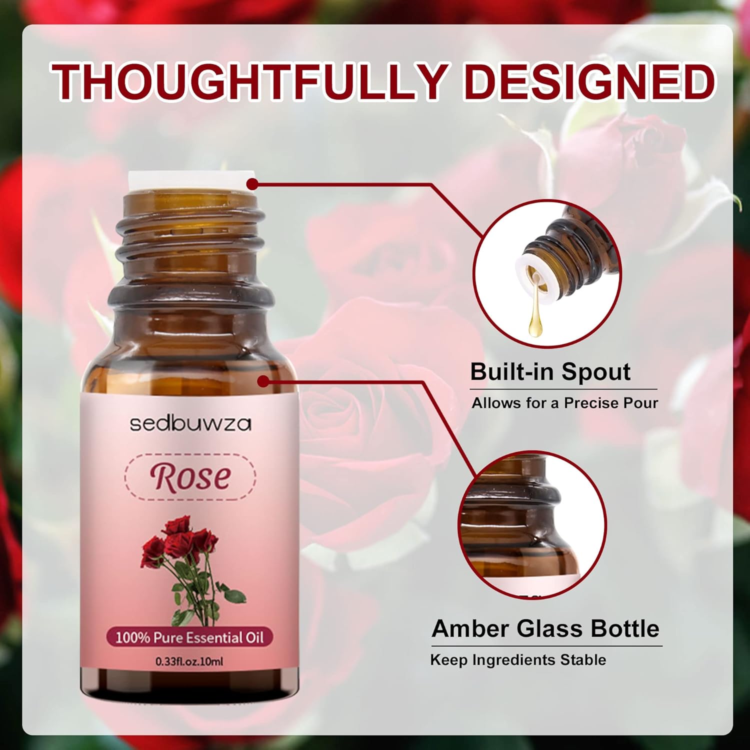 Sedbuwza Rose Essential Oil, 100% Pure Organic Rose Fragrance Oil for Diffuser, Humidifier, Soap, Candle, Perfume - 10ml