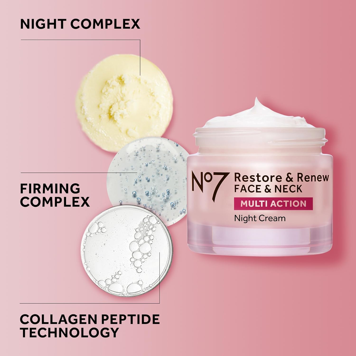 No7 Restore & Renew Multi Action Face & Neck Cream - Nighttime Collagen Peptide Facial Moisturizer - Anti Aging Face Cream Enriched with Hyaluronic Acid, Shea Butter + Vitamin E to Firm Skin (50ml)