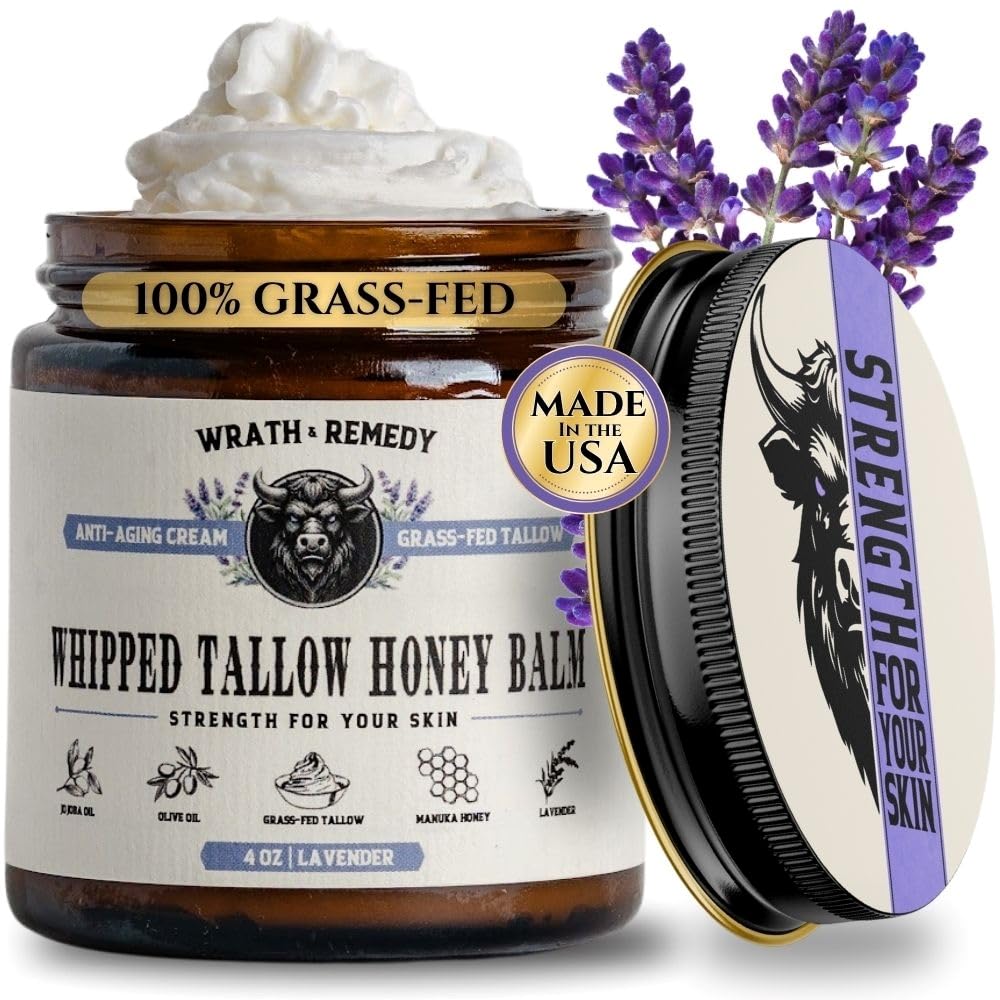 Wrath & Remedy Handmade Whipped Organic Beef Tallow for Skin - 4 OZ (Unscented) — Grass Fed Beef Tallow Moisturizer and Honey Balm for Silky, Sensitive-Skin, Eczema, Rosacea - Free of Harsh Chemicals