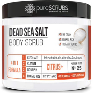 pureSCRUBS Premium Coconut Body Scrub Set - Large 16oz Dead Sea Salt Body Scrub With Infused Essential Oils & Nutrients, Includes Wooden Spoon, Loofah & Oatmeal Exfoliating Bar Soap