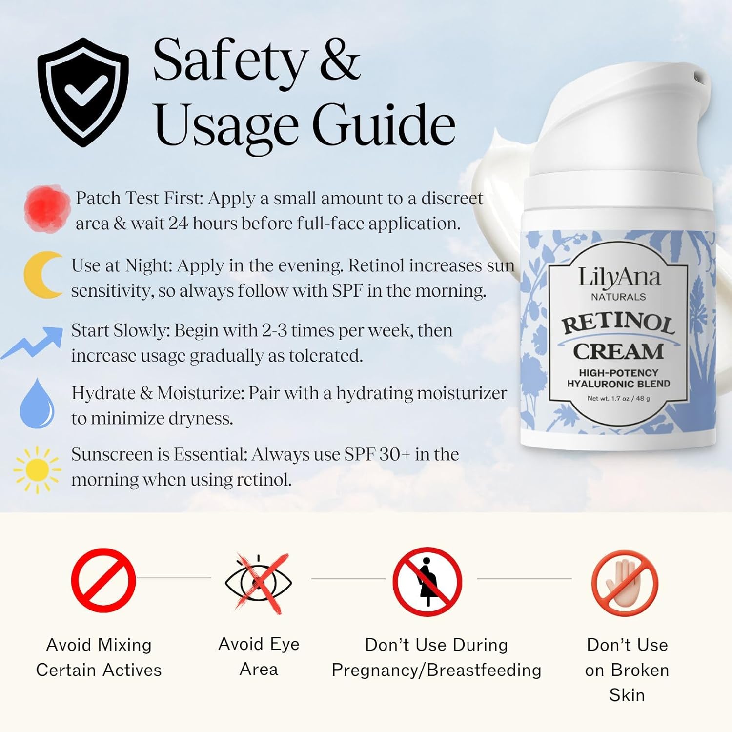 LilyAna Naturals Retinol Cream - Made in USA, Anti Aging Moisturizer for Face and Neck, Wrinkle, Retinol Complex, Body Mousse - 1.7oz