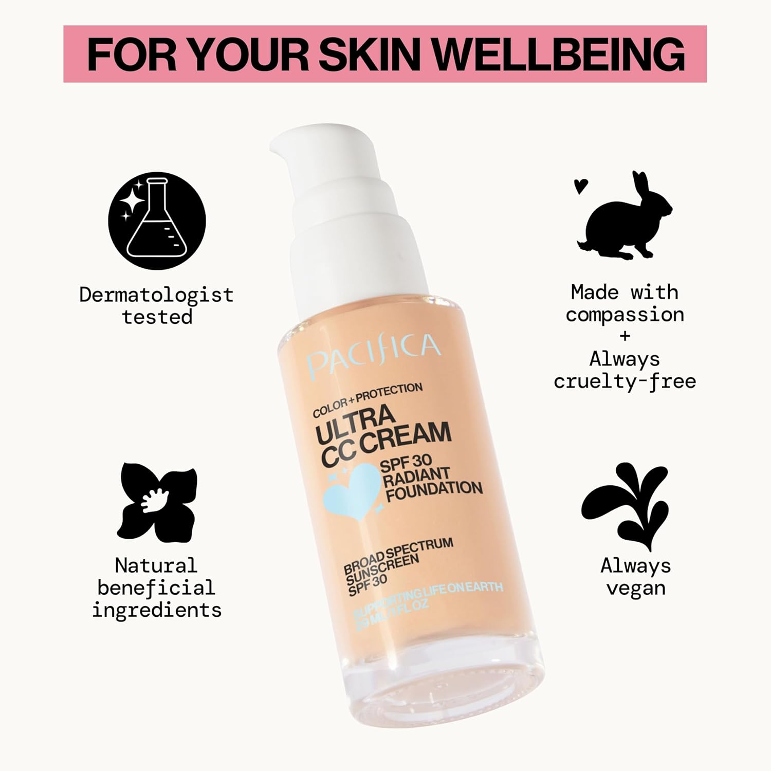 Pacifica Ultra CC Cream Radiant Foundation SPF 17 (Natural Medium) – Medium-Coverage Tinted Moisturizer + Mineral Sunscreen, Dewy Finish, 1 fl oz