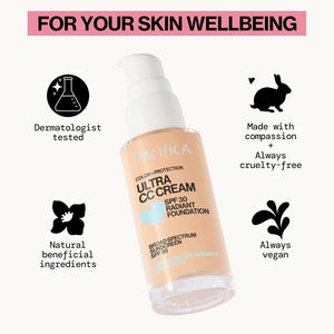 Pacifica Ultra CC Cream Radiant Foundation SPF 17 (Natural Medium) – Medium-Coverage Tinted Moisturizer + Mineral Sunscreen, Dewy Finish, 1 fl oz