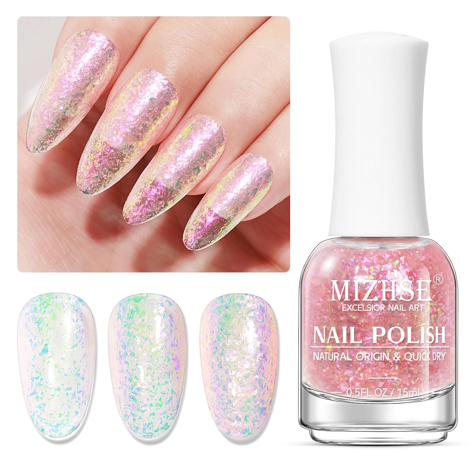 MIZHSE Nail Polish: 15Ml Mermaid Pearl Nail Polish Pink Aurora Effect Nail Polish, Fingernail and Toenail Polish Glossy Long Lasting Nail Polish Trendy DIY at Home Nail Gift Spree